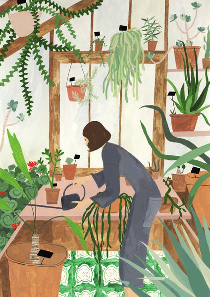 A4 Succulent House Gardener Illustration  - Greenhouse cacti Houseplants giclee print