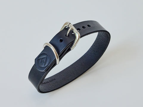 Handcrafted Classic Leather Dog Collar - Black/Medium/Chromed Steel Hardware