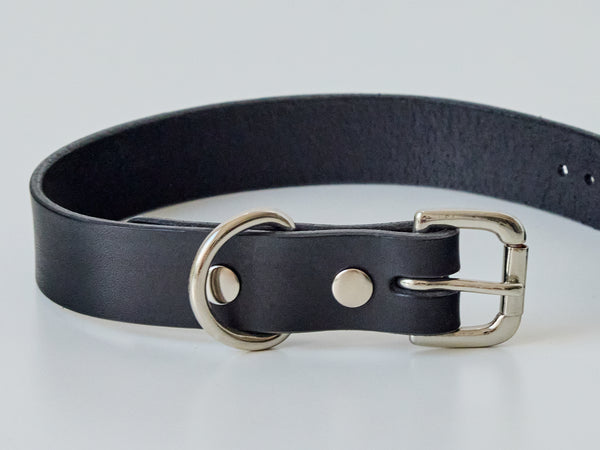 Handcrafted Classic Leather Dog Collar - Black/Large/Chromed Steel Hardware