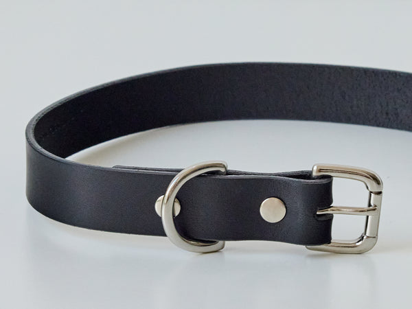Handcrafted Classic Leather Dog Collar - Black/Medium/Chromed Steel Hardware