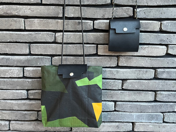 Field Bag - Foldable Leather Case with Detachable Waxed Cotton Fabric Bag Geo Camo