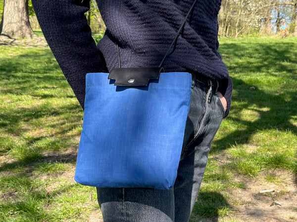 Field Bag - Foldable Leather Case with Detachable Waxed Cotton Fabric Bag Cobalt