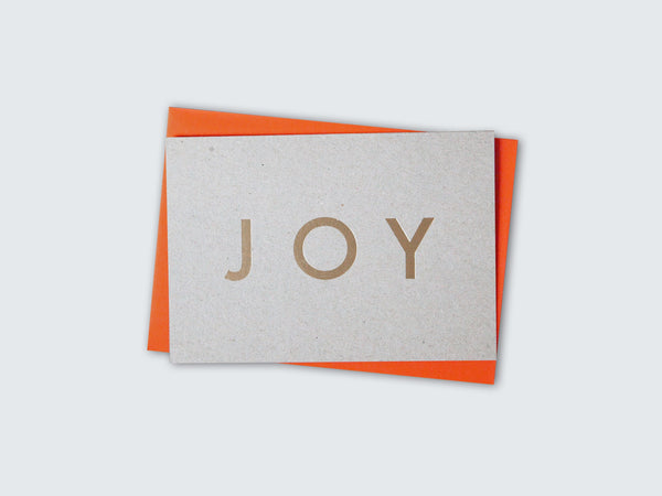 Foil Blocked Joy card - Brass on Recycled Grey
