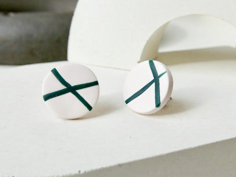 Circle Stud Earrings - Minimalist Brushstrokes Alpine Green